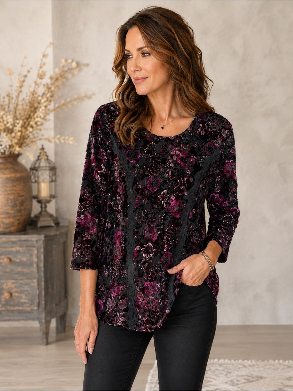 DB Established Velvet Burnout Floral Lace Blouse Purple Pink Sheer Boho M chic